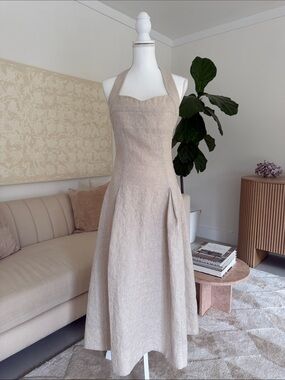 NICHOLAS Beige Halter Linen-Blend Midi Dress
